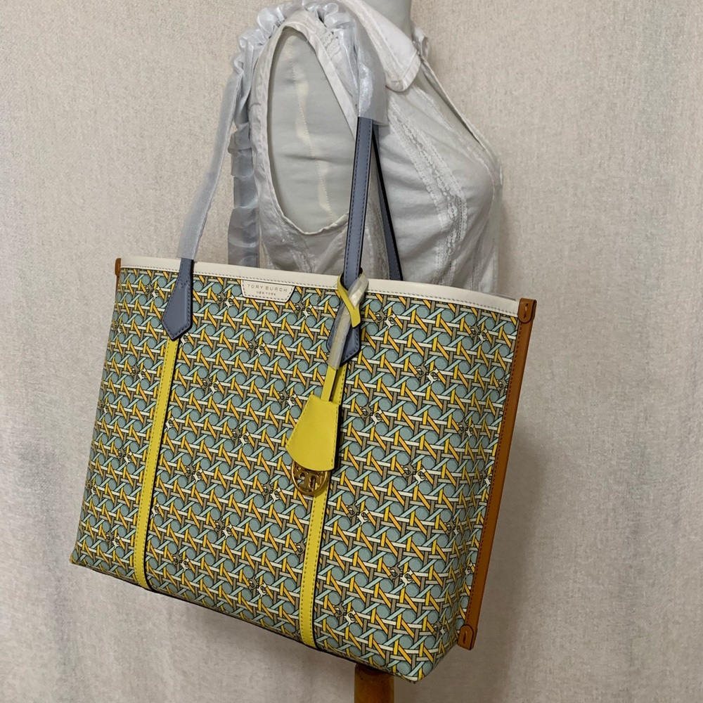 Tory Burch Perry Triple Compartment Northern Blue Basket Weave Large Tote Bag - Picture 3 of 15